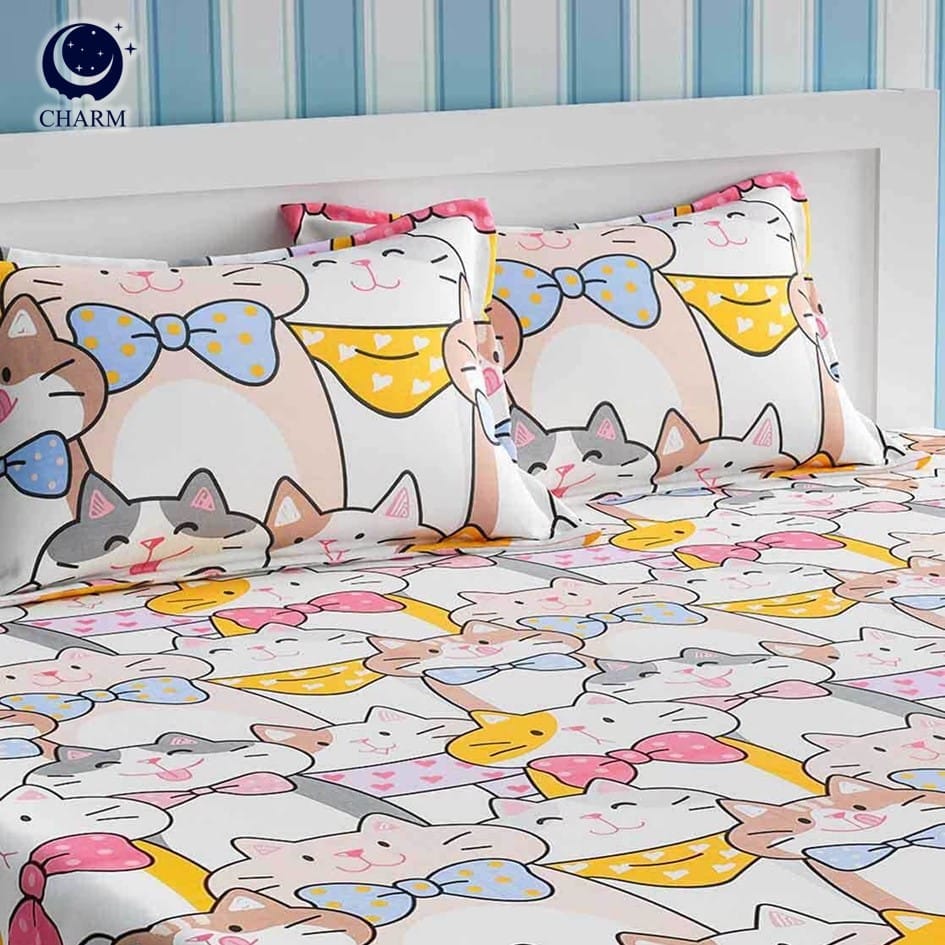 ชุดผ้าปูที่นอน 6 ฟุต 3 ชิ้น CHARM สี FAMILY MEOW คอลเลคชั่น DREAMY (ไม่รวมผ้านวม)